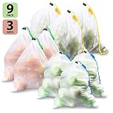 Reusable Mesh Produce Bags - Set of 9, Premium Mesh Bags Washable, See Through, Tare weight label , Keep fruits, vegetables & grocery bag ,Organize household, Large, Medium & Small, By Suppaware