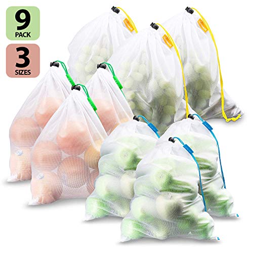 Reusable Mesh Produce Bags - Set of 9, Premium Mesh Bags Washable, See Through, Tare weight label , Keep fruits, vegetables & grocery bag ,Organize household, Large, Medium & Small, By Suppaware