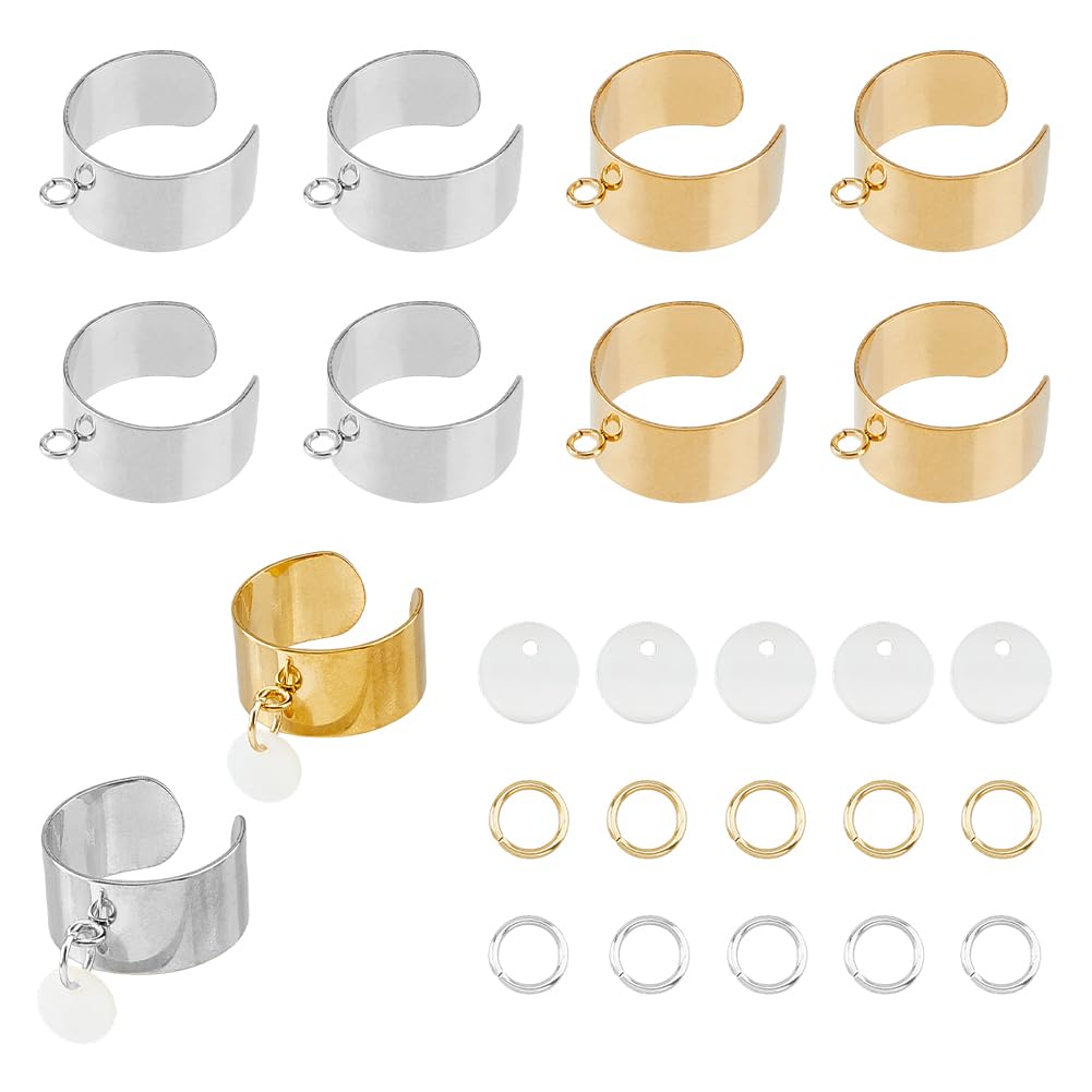 Hobbspring Ring Set Including 10Pcs Adjustable Stainless Steel Ring 60Pcs Open Jump Rings and 10Pcs Flat Round Charms Mixed Color Open Cuff Ring DIY Making Kit for Women
