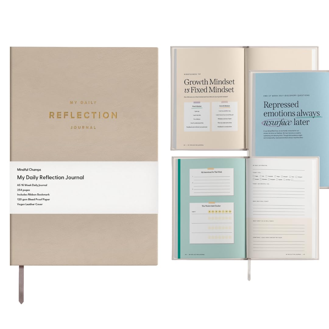 Mindful Champs: Adult Reflection Journal - Beige Vegan Leather A5 Notebook with Gold Foil, 4 Months Daily Journal for Happiness, Mindfulness & Gratitude - Undated Life Planner (soft back cover)