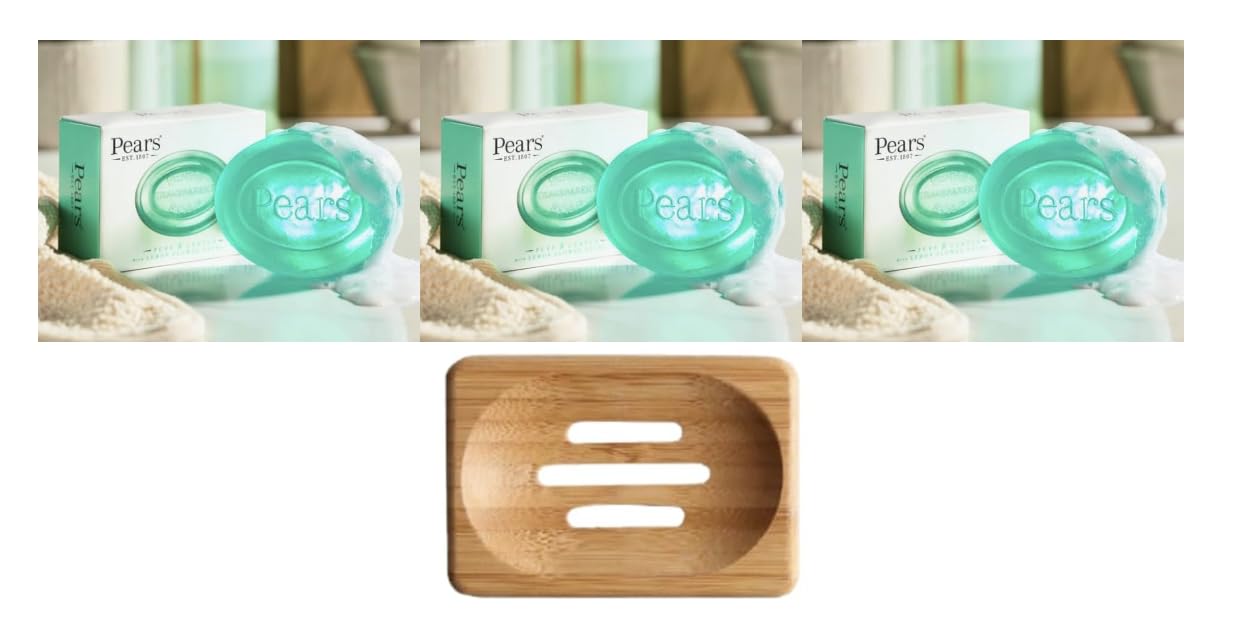 Pears Pure & Gentle Transparent Soap Bar 3x125 g (Lemon Extracts) + Dr Cosi Natural Wooden Bamboo Soap Dish Storage Holder (Set of 4)