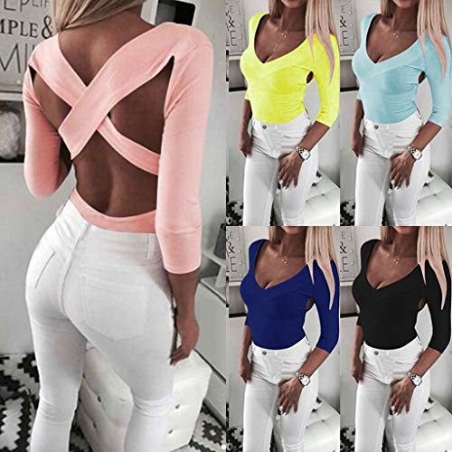 Respctfu l✿ Women Summer Short Sleeve Sexy Deep-Neck Slim Tunic Top Sexp Open Backless Criss Cross T-Shirt for Leggings Light Blue
