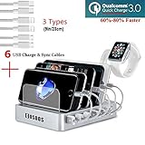 COSOOS Fastest Charging Station with QC3, 6 Phone Charger Cables(3 Type),lWatch Stand,6-Port USB Charger Station,Charging Station for Multiple Devices,Tablet,Kindle(White,UL Certified)