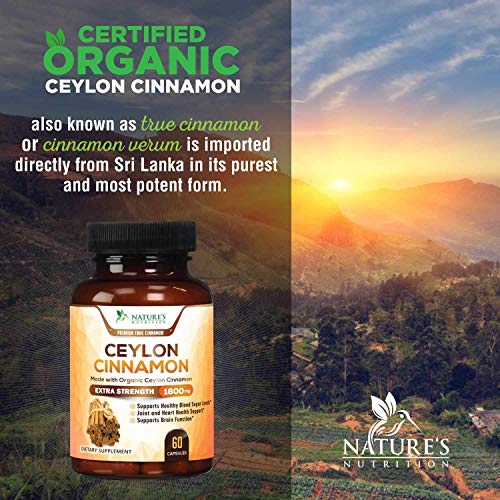 True Organic Ceylon Cinnamon Highest Potency Standardized 1800mg - Organic Ceylon Cinnamon Pills - Blood Sugar Levels Support Supplement, Vegan Anti-Inflammatory for Joint Pain Relief - 60 Capsules