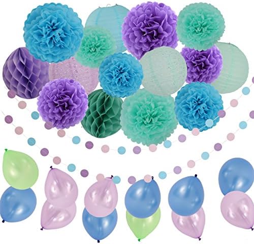 35 Pcs Tissue Paper Pom Poms Flowers Paper Lanterns Paper Honey Comb Balls Balloons Polka Dot Paper Garland Kit for Birthday Bridal Shower Weeding Celebration Party Decoration