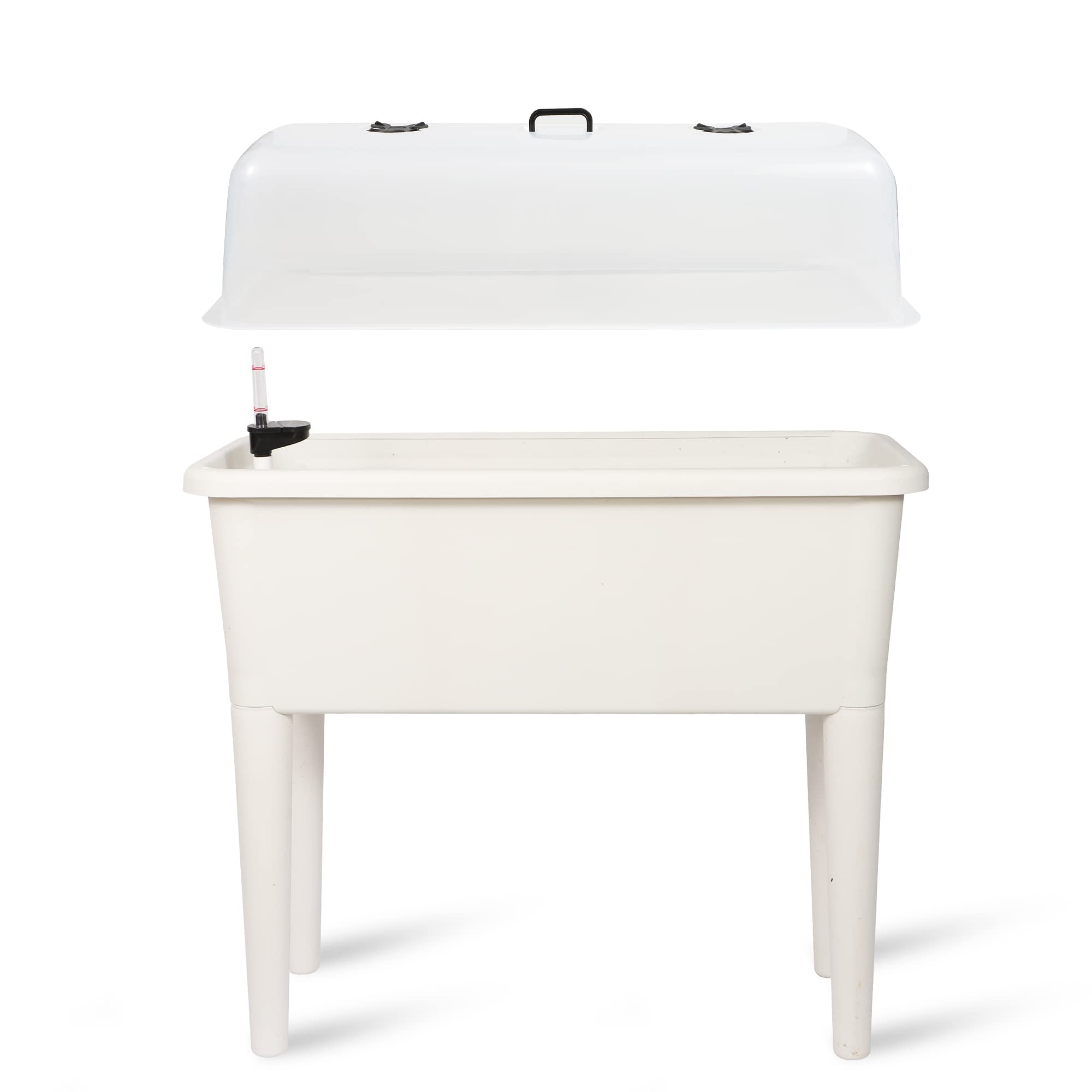 Photo 1 of ***DAMAGED LID -SELLING AS IS *** Dexceder 13.2 Gallon Self Watering Raised Garden Bed with Ventilation Transparent Lid Greenhouse, Deepen Vegetable Flower Box Planter Pot with Removeble Legs & Water Level Indicator (White)