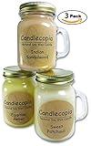 Candlecopia Tranquility 3-Pack Scented Soy Candles - Includes Sweet Patchouli, Indian Sandalwood & Egyptian Amber - 80+ Hours Burn Time in Three 5 Ounce Mini Mugs with Lids