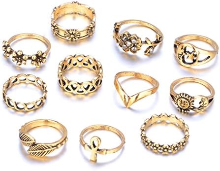 UHANGETH 11pcs Boho Retro Rings Hollow Carved Flowers Joint Knuckle Rings Sets ( Gold )