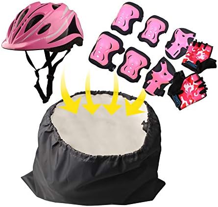 Pads, helmet, and wrist guards for kids' biking gear.