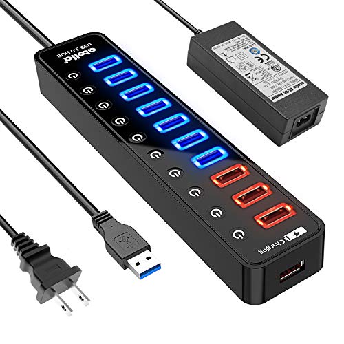 USB Hub, atolla Powered USB 3.0 Hub, 11-Port USB Splitter（7 USB 3.0 Data Ports+4 USB 3.0 Smart Charging Ports） with Individual On/Off Switches and 12V/4A Power Adapter for High Power USB Devices