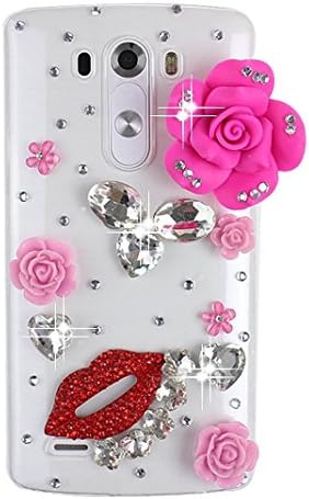 LG G Vista 2 Bling Case - Fairy Art Luxury 3D Sparkle Series Rose Flowers Sexy Lips Crystal Design Back Cover with Soft Wallet Purse Red Cloth Pouch - Hot Pink