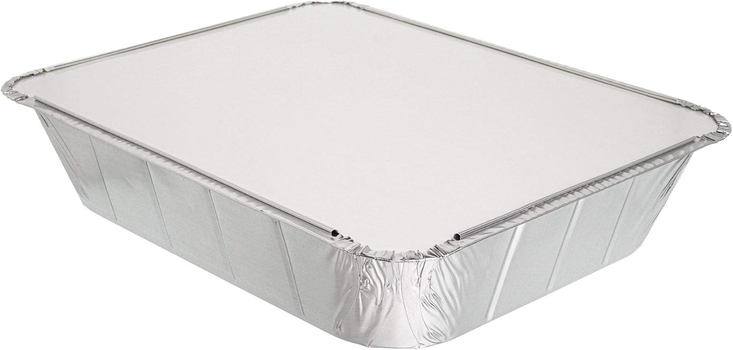 Essential Housewares 10 Aluminium Foil Trays with Lids - Extra Deep 26 x 32cm (10 x 12 inch) Disposable Foil Baking Trays Takeaway Containers with Lids. Metal Food Trays for Catering & More.