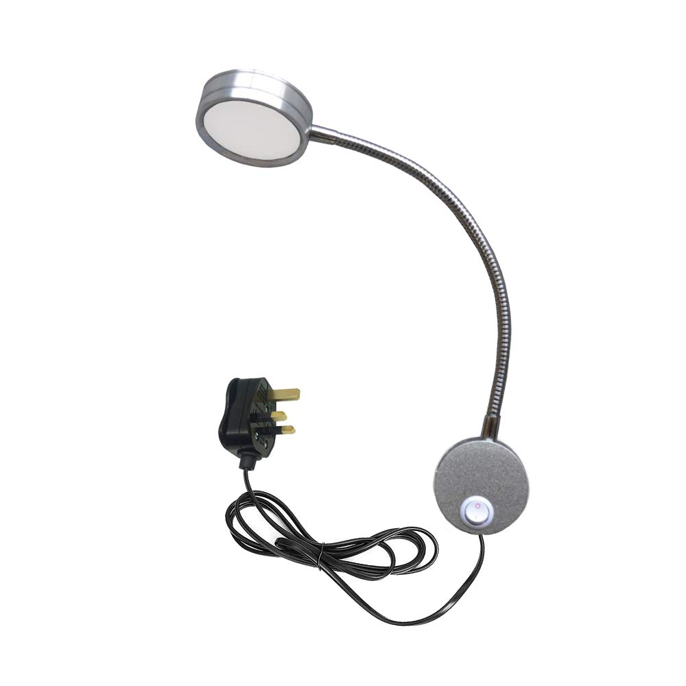 Youngine 5W UK Plug Reading Lamp, Flexible Gooseneck 5W LED Wall Mounted Bedside Light with ON/Off Switch and Plug for Bedroom Hotel Workbench Studio (Silver Cool White)