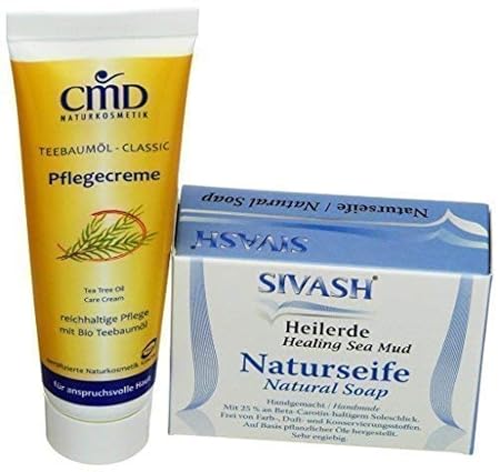 Pflegeset für unreine, fettige Haut: SIVASH-Heilerde-Naturseife 100g + Teebaumöl Pflegecreme 50ml