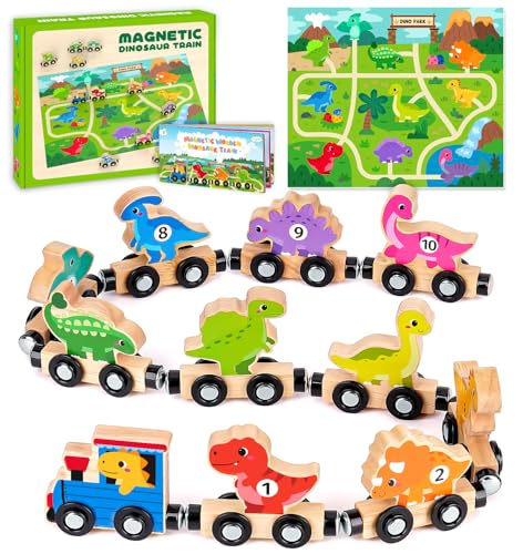 Toddler Dinosaur Toys for 1 2 3 Year Old Boys, Dinosaur Train Toys for Boys | Montessori Toys for 1-3 Year Old, Wooden Magnetic Dinosaur Train Set for Boys age 2 3 4, First Birthday Gifts for Boys Girls