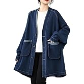 ellazhu Women's Coats Classic Casual Jean Jacket Two Side Pockets Button Down Long Oversized Sleeve GZ613 A