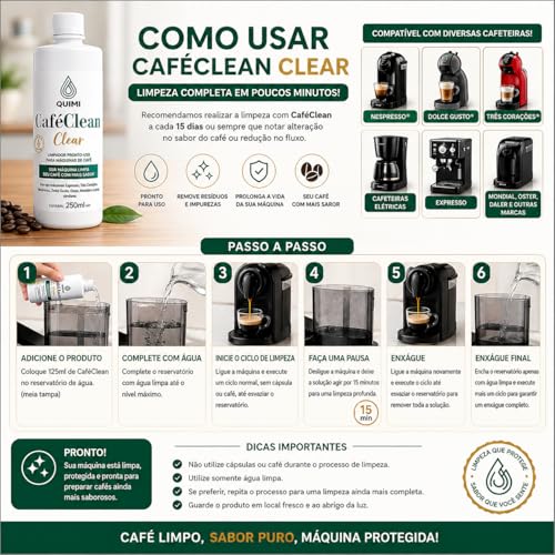 Quimi Vida Café Clean Limpador de Cafeteira Profissional 250ml | Remove Resíduos, Óleo e Impurezas