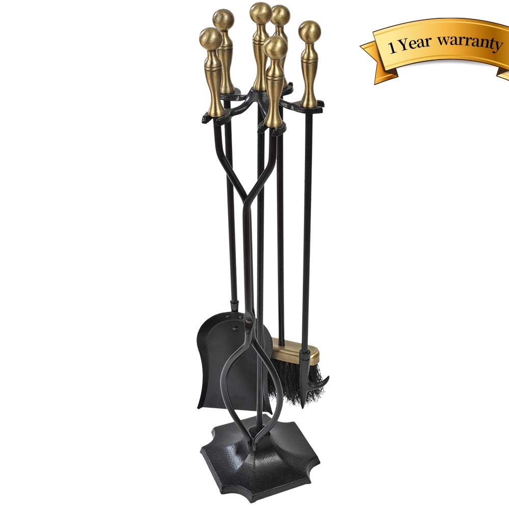 5 Pieces Fireplace Tools Sets Brass Handles Wrought Iron Fire Place