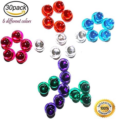 30 Premium Acrylic Magnetic Push Pins for use as Fridge Magnets, Office Magnets, Magnetic Whiteboard Magnets, Dry Erase Board Magnets and Maps - 6 Attractive Colors by Vaduga