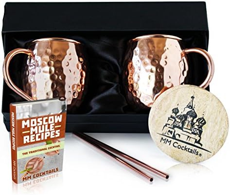 Moscow Mule Mugs - Handcrafted 100% Pure Solid Copper Hammered Finish 16 Oz Classic Mug - Premium Quality Gift Box Set of Two Cups with Bonus Coasters Copper Straws &amp; FREE Recipe eBook - MM Cocktails