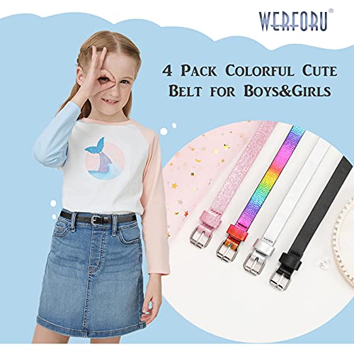 4 Pack Kids PU Leather Skinny Belt for Girls Boys Teen Child Thin Shiny Glitter Waist Belt for Jeans Dress, Black+Silver+Pink+Rainbow,Fits Waist Size 27-31 Inches