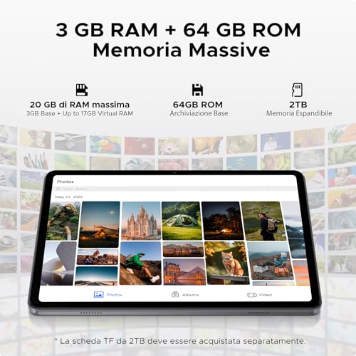 Tab A9 Android 16 Tablet 10 Inch, 20 GB RAM + 64 GB ROM (TF 2TB), Gemini AI, 6580 mAh, Unisoc T310, 1280 x 800 IPS, WiFi 5, Dual Speaker, 8MP+5MP, Bluetooth 5.0/Face ID/Jack 3.5 mm - Grey