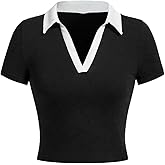 Avanova Women Polo Collared V Neck Tee Shirts Ringer Short Sleeve Crop Tops