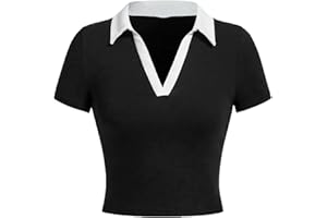 Avanova Women Polo Collared V Neck Tee Shirts Ringer Short Sleeve Crop Tops