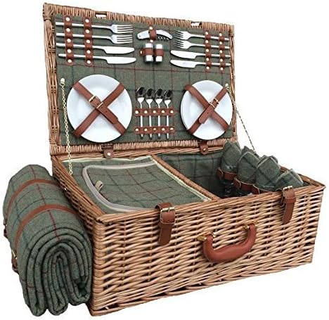4 Person Green Tweed Fitted Picnic Basket Amazon Co Uk Garden Outdoors