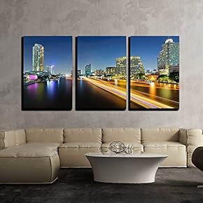 3 Piece Canvas Wall Art - Bangkok Cityscape, Thailand - Modern Home Art Stretched and Framed Ready to Hang - 16"x24"x3 Panels