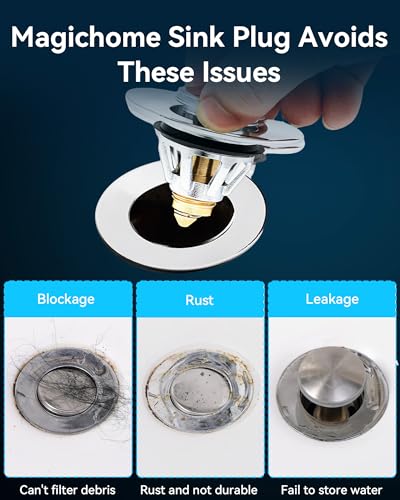 Magichome Pop Up Sink Plug Replacement for 34-45mm Drain Holes, Universal Wash Basin Plug with Built-in Strainer, Brass Anti-Rust Pop Up Stopper for Bathroom Sink