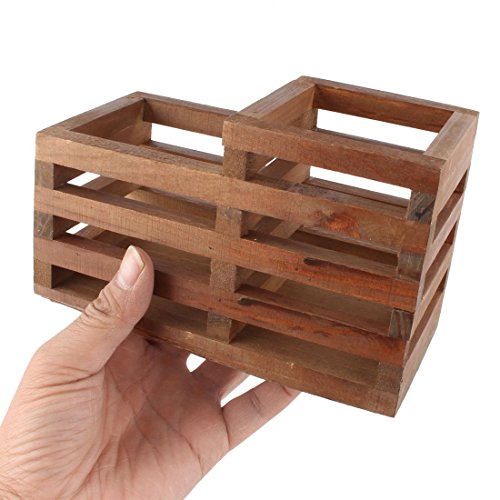 DealMux Wood Office School Hollow Out Two Compartment Pen Ruler Pencil Holder Organizer