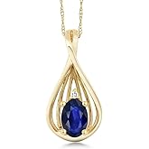 Gem Stone King 10K Yellow Gold Blue Sapphire and White Diamond Teardrop Pendant Necklace For Women (0.45 Cttw, Gemstone September Birthstone, Oval 6X4MM, with 18 Inch Chain)