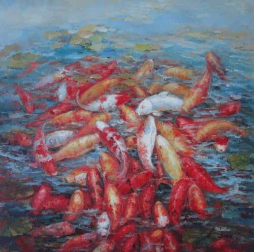 Oil Painting 36"x36" Group of Colorful Koi Fishes in Lotus Pond Animal Marine Life Asian, BeyondDream Art