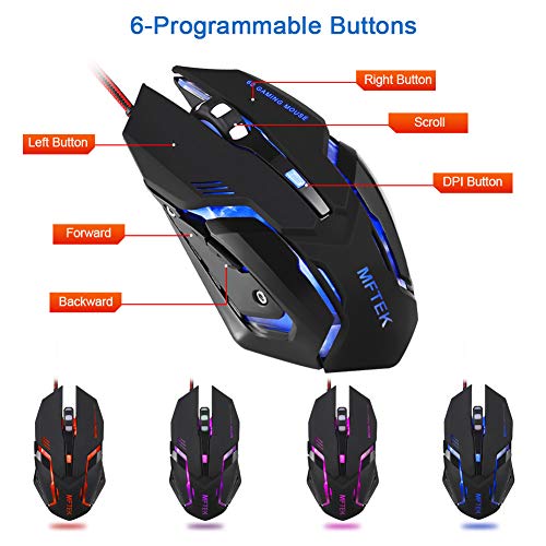 MFTEK Gaming Keyboard and Gaming Mouse Combo, USB Wired 104 Keys Keyboard, 3 Colors Red Blue Purple Backlit Gaming Keyboard, 6 Button Mouse + Mouse Pad for Computer PC Gamer Office - Thumbnail 4