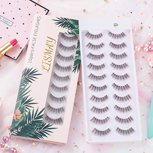 False Eyelashes Natural Look 10 Pairs 3D Fake Lashes Small Face Eyelashes 100% Handmade Lashes Wispies Short Soft Reusable Eye Lash Transparent Band Eyelash 1 Pack with Applicators by EMEDA