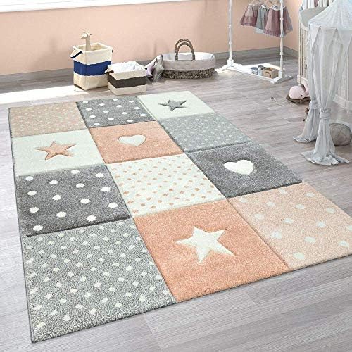 ラグエリアシャギーカーペットキッズプレイルーム子供 保育園 スポットハーツスターとパステルカラー 1x170 Cm ピンク オレンジ