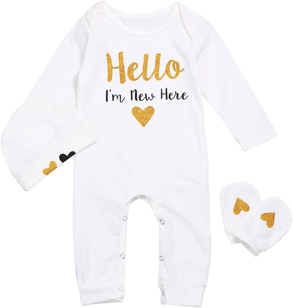 Oklan Newborn Baby Boys Girls Romper Hello I'm New Here Bodysuit Jumpsuit with Hat Outfits Sets