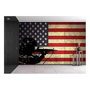 a Silhouette of a Soldier on The Grunge American Flag - Removable Wall Mural | Self-Adhesive Large Wallpaper - 66x96 inches