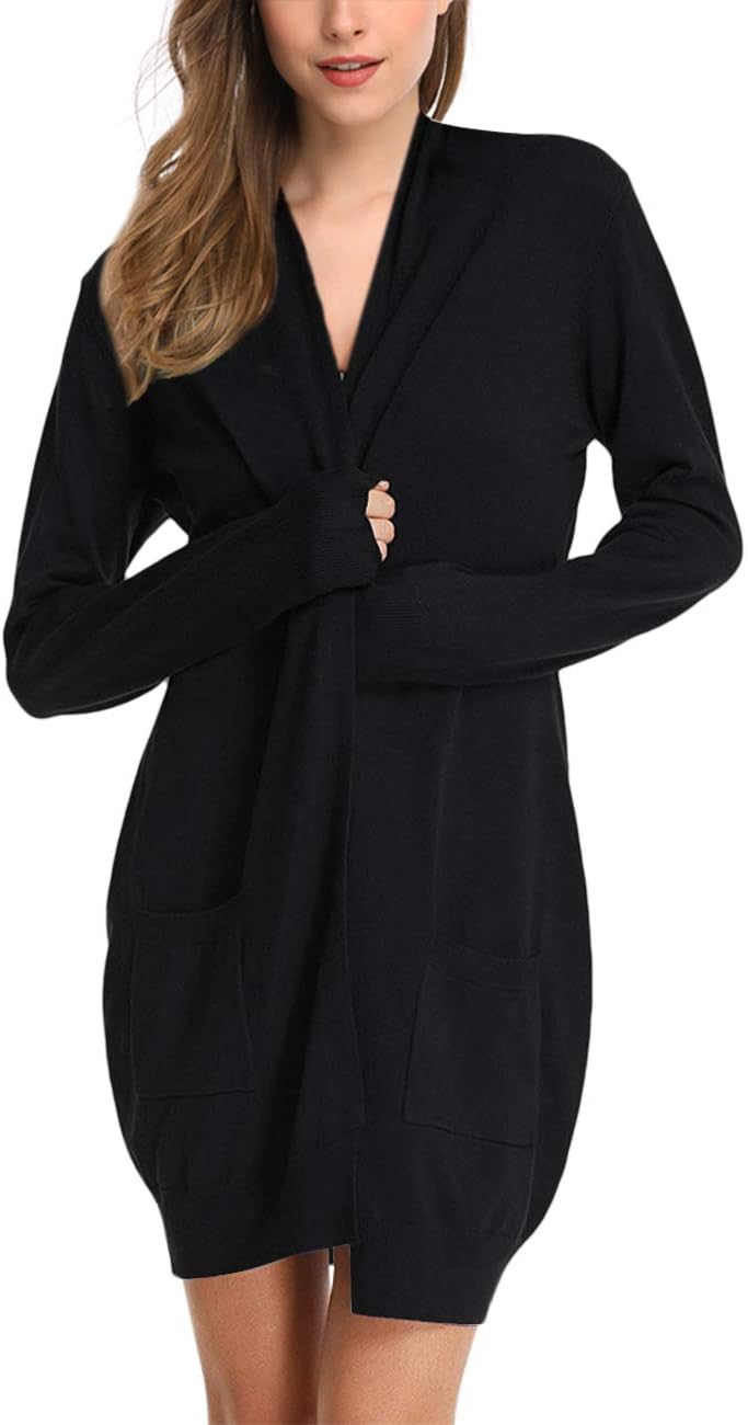 Women Solid Open Front Long Knited Cardigan Sweater