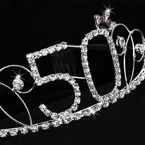 Veewon 50th Birthday Tiara Crown Crystal Princess Crowns Happy Birthday Hair Accessories, Silver - Image 4