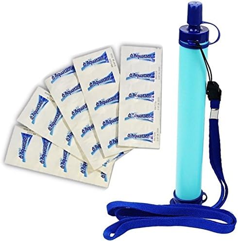 Water Straw Filter + Water Purification Tablets| Personal Life Survival Hiking Drinking Water Treatment System with Aqua Straw and 50 Tabs | Portable Purifying Iodine Free Camping Backpacking Equipmen
