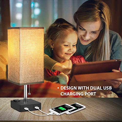 USB Table Lamp, MOICO Bedside Nightstand Lamp Square Fabric Shade with 2 USB Charging Port and 3-Prong AC Outlets, Modern Design Desk Lamps for Bedroom, Living Room, Kids Room, College Dorm, Bookcase - Thumbnail 6
