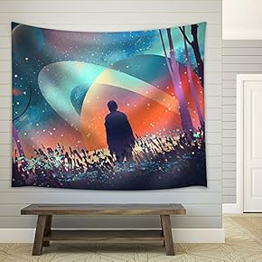 Man Standing Alone in Forest with Fictional Planets Background,Illustration - Fabric Wall Tapestry Home Decor - 51x60 inches