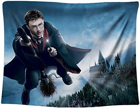 Magician Riding a Broom Tapestry,Magical Forest Magic Castle Digital Printed Wall Hanging,Hanging Dorm Bedroom Living Room Decorations,60" × 80" / 150cm × 200cm