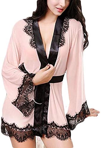 XOWRTE Women's Sexy Lace Patchwork Long Sleeve Babydoll Bath Robe Lingerie Bodysuit Nightwear with Belt