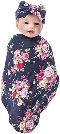SHELLBOBO Newborn Printed FlowerSwaddle Blanket Headband Set Baby Receiving Blankets (Black)