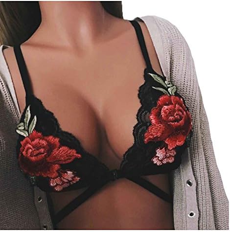 Hengguang Women's Sexy Floral Embroidery Hook Front Bandage Strappy Bra Black M