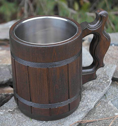 Handmade Beer Mug Oak Wood Stainless Steel Cup (20 OZ). Men Eco-Friendly Souvenir Handmade Retro Brown. Vintage Bar accessories - Viking Wood Stein