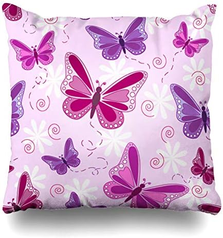 ArTmall Throw Pillow Case Fauna Flying Butterflies Shades Pinks Purples White Flower Flowers Over Pale Wildlife Pattern Design Zippered Pillowcase Square Size 18 x 18 Inches Home Decor Cushion Covers
